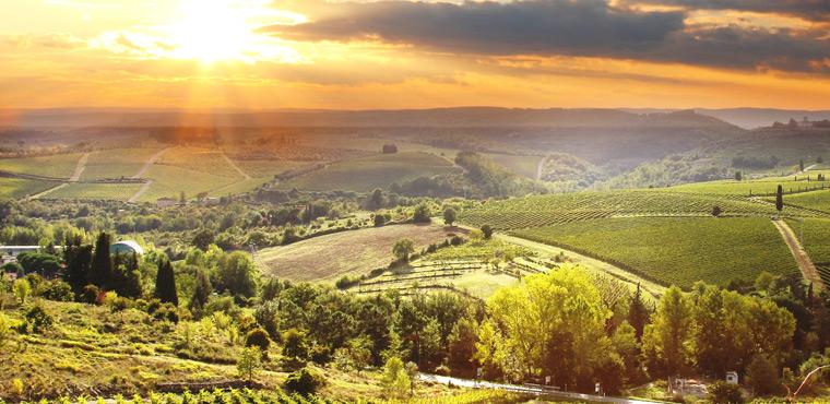 Panorama of the Tuscan countryside at sunset